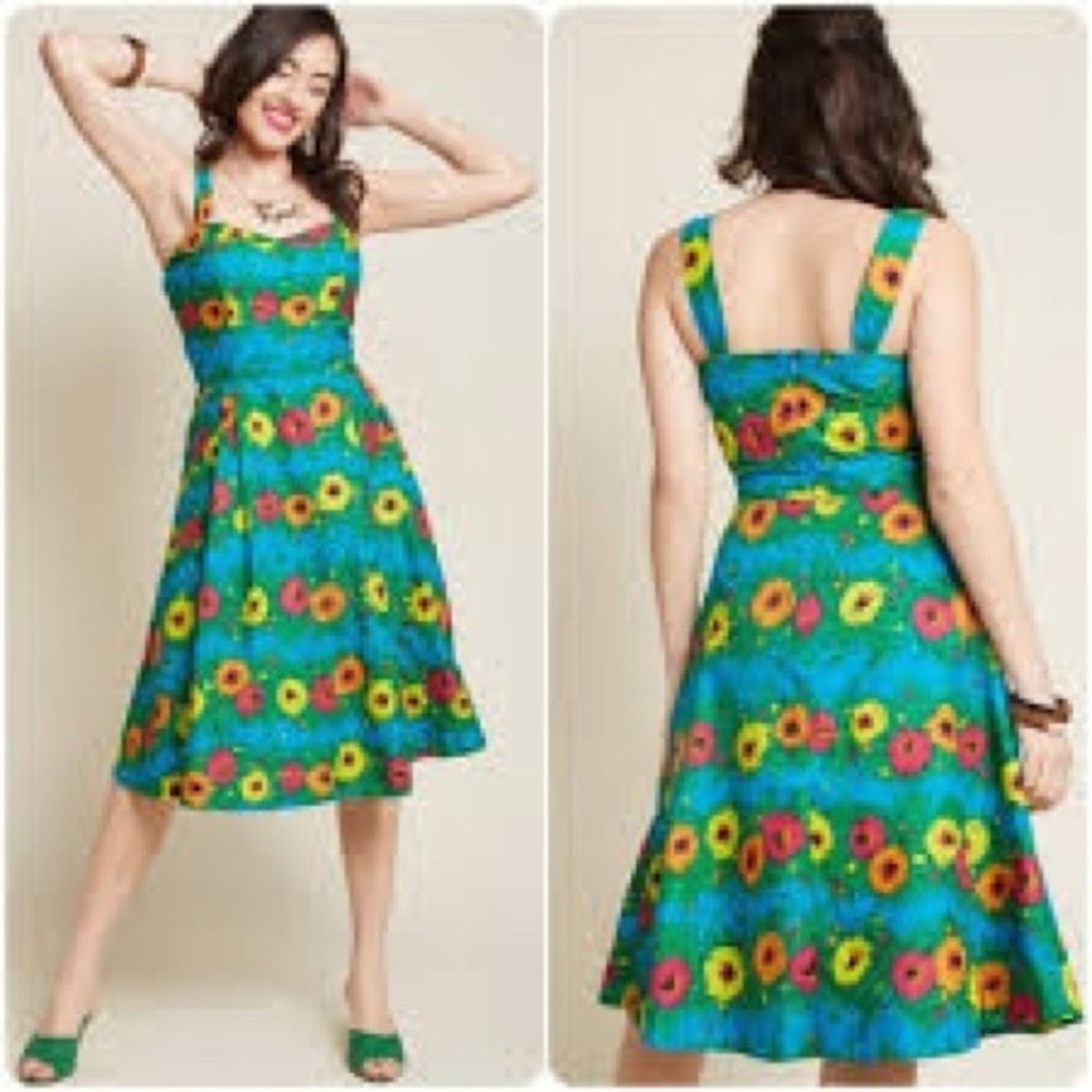 Emily and Fin Women Mod Dress XS Blue Floral Retro Cotton Fit Flare Pocket‎